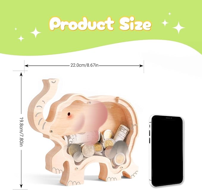 Wooden Elephant Piggy Banks for Kids, Adorable Elephant Piggy Bank with Acrylic Panels, Unbreakable Toddler Money Box for Girls Adults Boys, Cute Saving Coin Jar for Birthday Décor