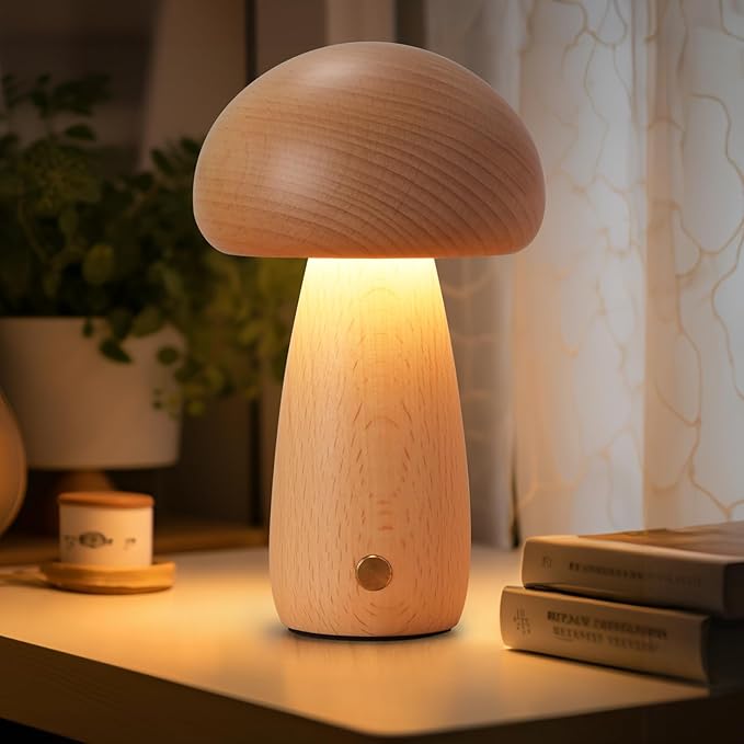 2 Pack Wooden Mushroom Lamp, Portable Cordless Touch Switch Small Rechargeable Battery Operated Lamp,Stepless Dimming,