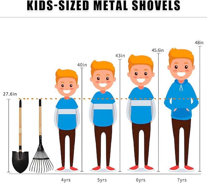 Kids Rake and Shovel Set, 2Pcs Garden Tools Metal Head with Wooden Handle, Great Gardening Gifts for Boys Girls Age 3 and Up