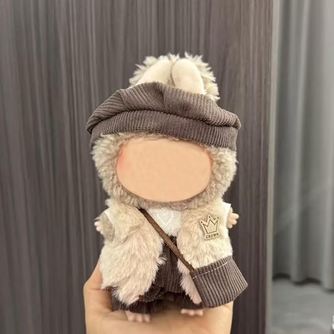 Clothes for Iabubu(NO Doll),Cute Handcrafted Crochet Set for Iabubu Clothes,Fashion Dressy Doll Outfit Accessories,Stylish Doll Accessories for 17cm Doll(Brown Hat+Beige Coat+Brown Trousers+Bag)