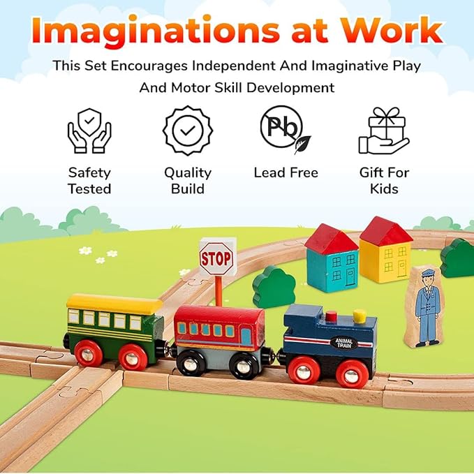 Wooden Train Set 100 Piece All in One Wooden Toy Train Tracks Set with Magnetic Trains and Railway Accessories, Comes in A Clear Container, Compatible with All Major Brands