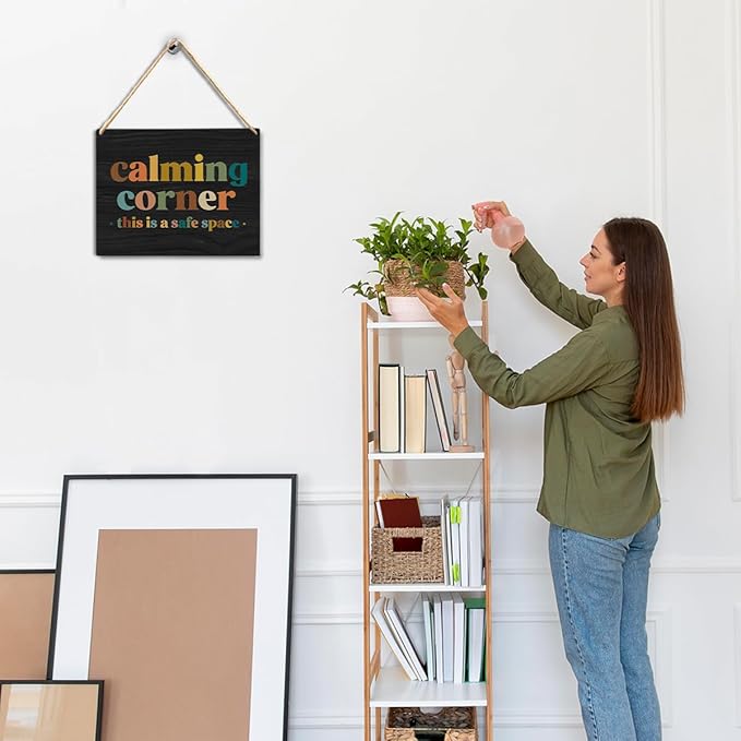 Calming Corner Hanging Wood Sign Plaque - Safe Space Classroom Decor, School Counselor Office Decor, Calm Down Corner Decorations For Classroom Preschool, Boho Classroom Decor(Black), 10x8