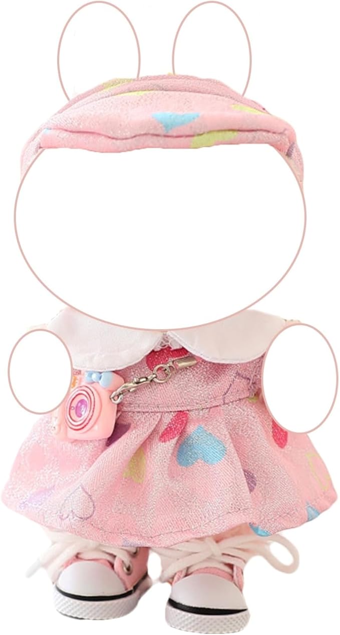 Clothes for 17cm Doll (Clothes Only) – 4-Piece Pink Outfit Set with Casual Hat, Dress, Camera Bag, and Pink Canvas Shoes for a Cute and Stylish Look – 17cm Doll Accessories