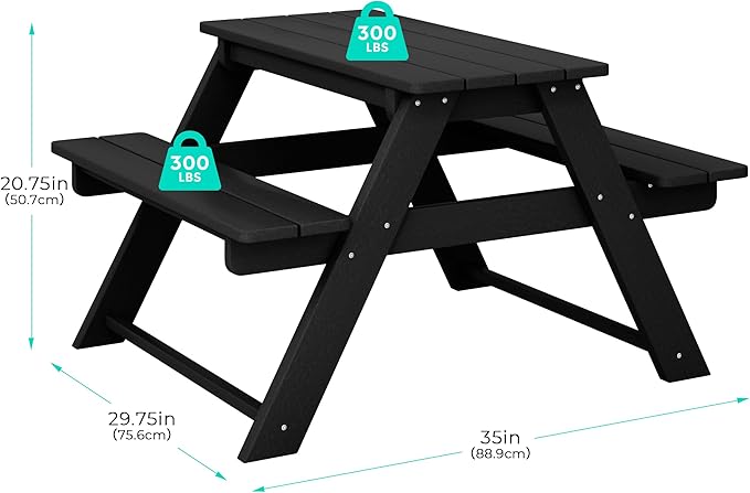 Costaelm Kids Picnic Table, HDPE All Weather Outdoor Toddler Picnic Table and Chair Set Kids Bench for Patio, Backyard, Garden, Lawn, Black