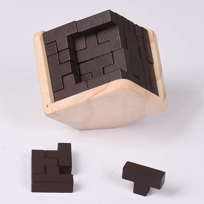3D Wooden Brain Teaser Puzzle Cube Wooden Puzzles T-Shaped Jigsaw Logic Puzzle Game Puzzles Educational Toy for Kids and Adults (Coffee)