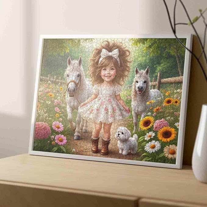 Tucocoo Cute Little Girl 1000 Piece Jigsaw Puzzle for Adults, Country Girl White Ponies Puppy Floral Path – Vintage Farm Scene for Family Games Challenging Puzzles, Rustic Wall Art DIY Crafts Gifts