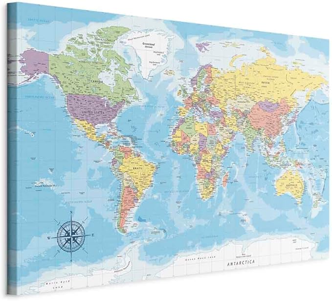 artgeist Canvas Wall Art Print World Map 35x24 in - 1pcs Home Decor Framed Stretched Picture Photo Painting Artwork Image Worldmap Continents Travel Gift k-C-0128-b-a