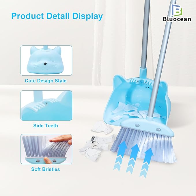 28′′ Mini Broom and Dustpan Set for Kids-Ideal Kids' Toys as Gifts, Parent-Child Interactive Cleaning Tool, Cute Cartoon Design, Household Helper for Toddlers, Small Safe Corner Broom (Blue Bubble)