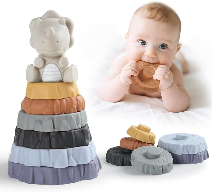 Stacking & Nesting Baby Teething Toy, 7 Pcs Soft Building Rings Stacker Toys with Dinosaur, Newborn Essentials Sensory Learning Toys for 6 12 18 Months Infant Toddler Boys Girls