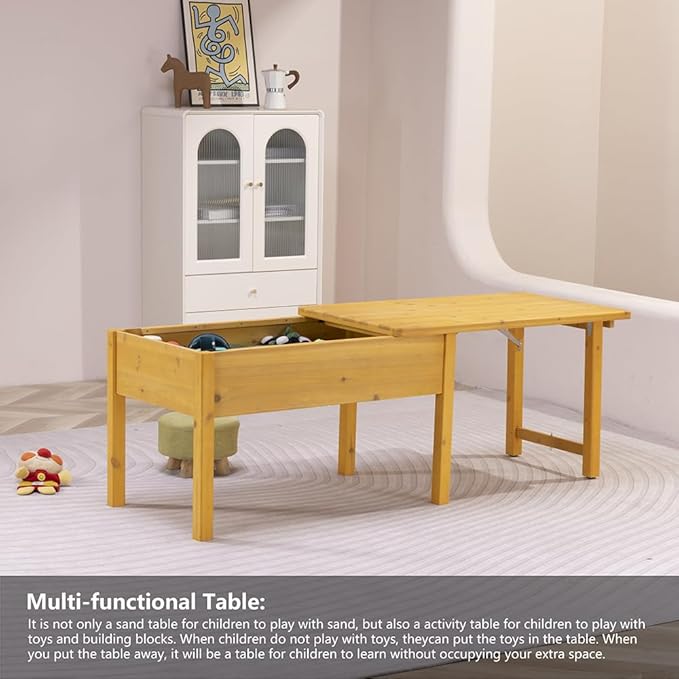 BIRASIL Wooden Kids Sensory Tables with Folding Lid, Activity Table for Children, Elevated Play Tables with Storage for Indoor Outdoor, Yellow