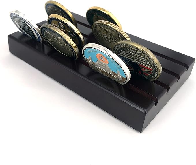 Glamtune 4 Rows Coin Holder,Challenge Coin Display Stand Rack Military Coin Holder (Wood )