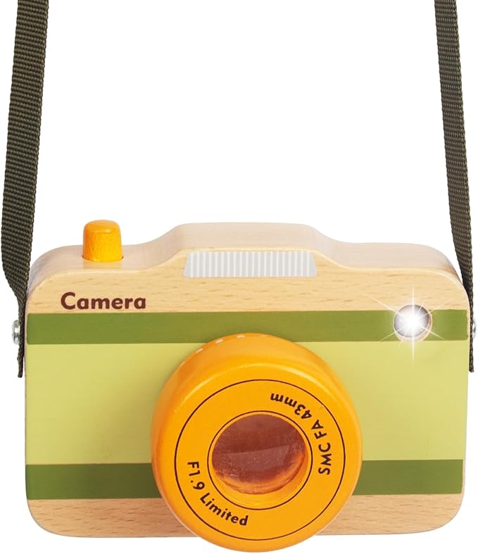 Wooden Mini Pretend Camera Toy with Real Sounds and Light for Toddlers 3 Years Old, Neck Hanging Photographed Props for Boys Girls Children Kids