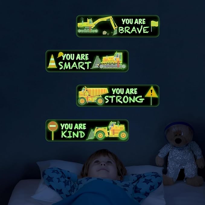 4 PCS Construction Wall Decals Glow in The Dark，Construction Stickers Toddler Room Decor for Kids Baby Nursery, Boys Glowing Motivational Wall Art Inspirational Sticker