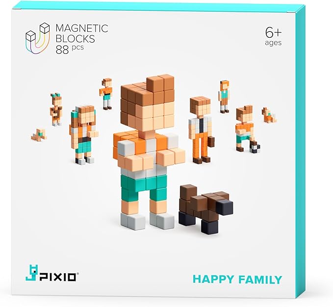 PIXIO Happy Family - Magnetic Building Blocks for Kids Over 6 Years, Pixel Art, STEM Magnet Toys for Kids Ages 8-12, Portable Magnetic Blocks for Creativity - 162 pcs