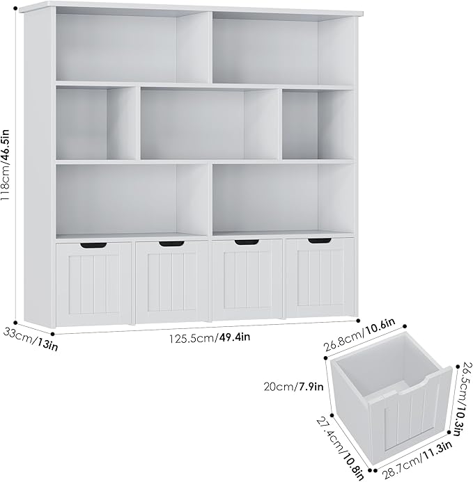 FINETONES Toy Storage Organizer, Kids Bookshelf with 4 Movable Chests and 7 Storage Cubes, Toy Chest Storage Shelf Organizer with Hidden Wheels, Toy Organizers and Toy Storage, Grey