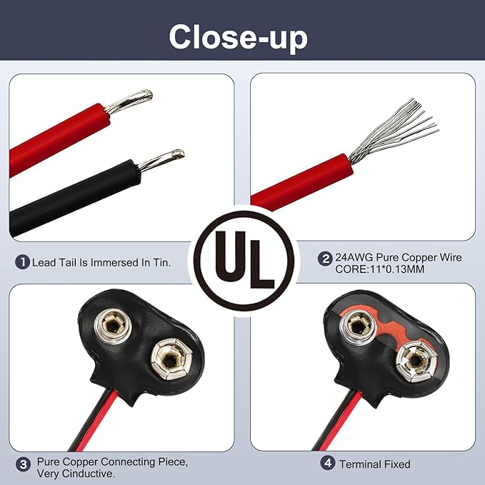 CHANZON UL Wires 20pcs 9v Battery Clip Connector T Connector with Leads Wires Plug Pigtail Harness of 10pairs 9 Volt Leather Kit for Arduino LED Strip Terminal