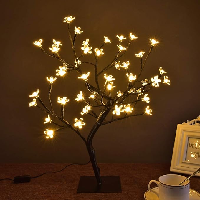 LIGHTSHARE 18 Inch Cherry Blossom Bonsai Tree, 48 LED Lights, 24V UL Listed Adapter Included, Metal Base, Warm White Lights, Ideal as Night Lights, Home Gift Idea
