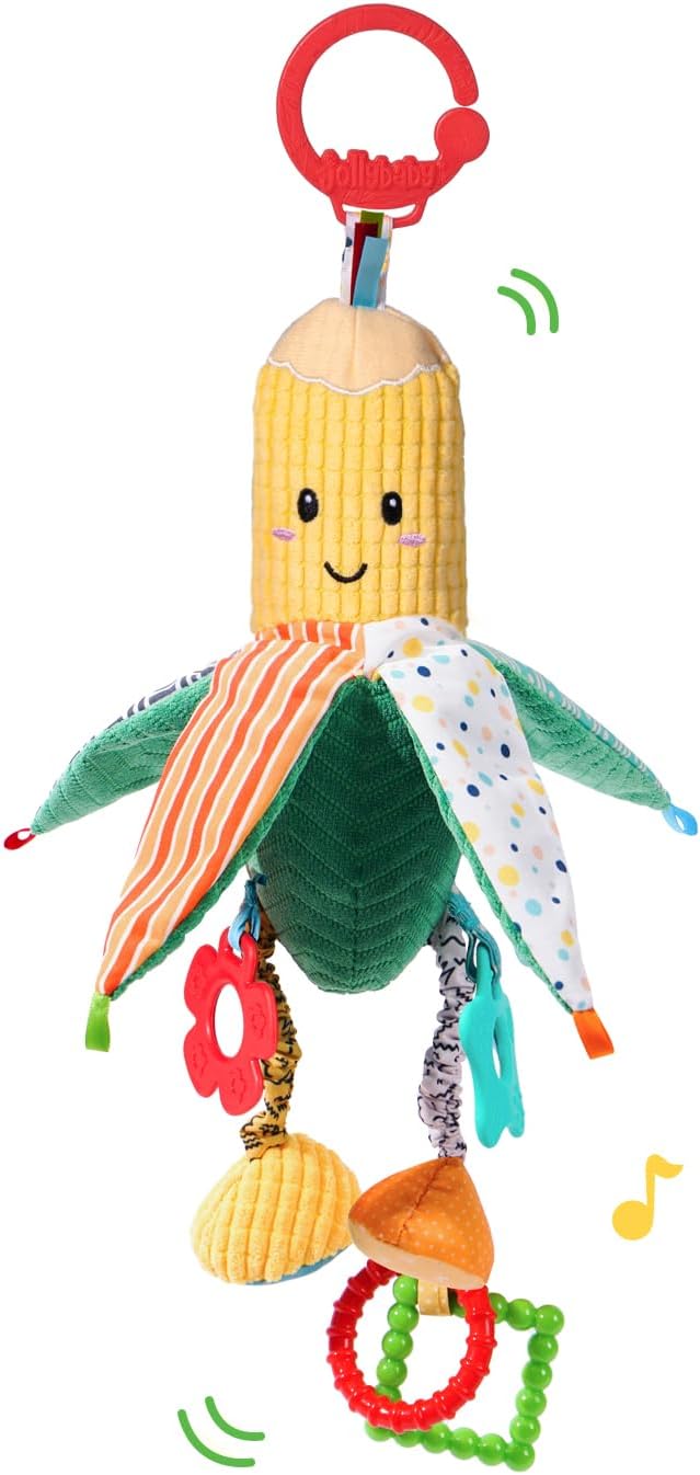 Hanging Rattles Crib & Car Seat Toys for Babies 0-12 Months with Crinkle, Squeaky & Teether, Sensory Corn Soft Stuff Stroller Toys for Newborns, Boys Girls Gifts