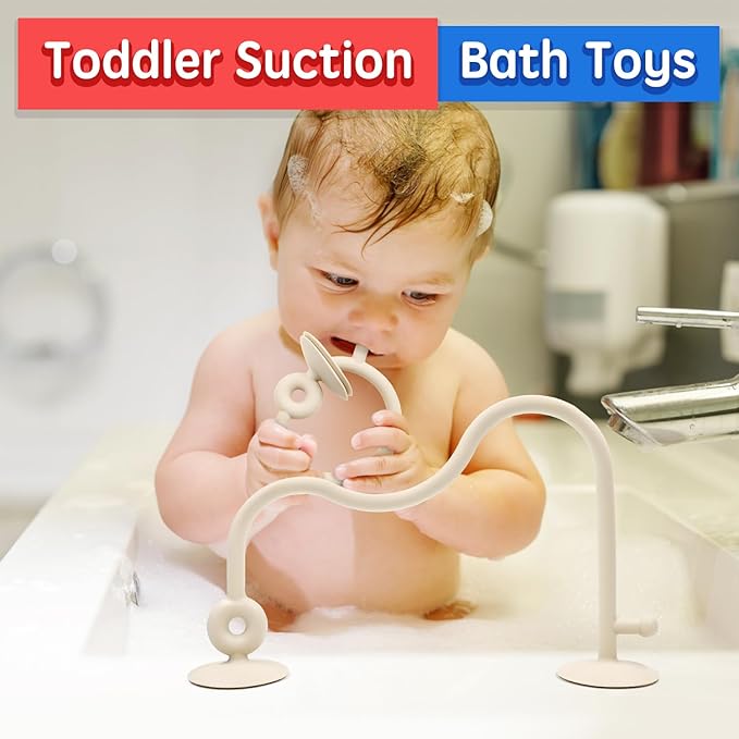Baby Sensory High Chair Suction Toys for Infant Toddlers 6 12 18 24 Months, Food Grade Silicone String with Oak Loop Montessori Educational Baby Bath Toy Gifts (Beige)