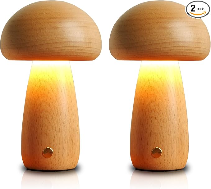 2 Pack Wooden Mushroom Lamp, Portable Cordless Touch Switch Small Rechargeable Battery Operated Lamp,Stepless Dimming,
