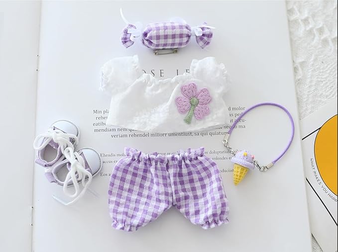 Clothes for Labubu Doll,Clothes for Dolls Accessories,Four-Leaf Clover Candy Summer Replacement Outfit Set 5 Pieces Suitable for Labubu 15&17cm ,Adorable Dress-Up Accessories for Doll (Purple)
