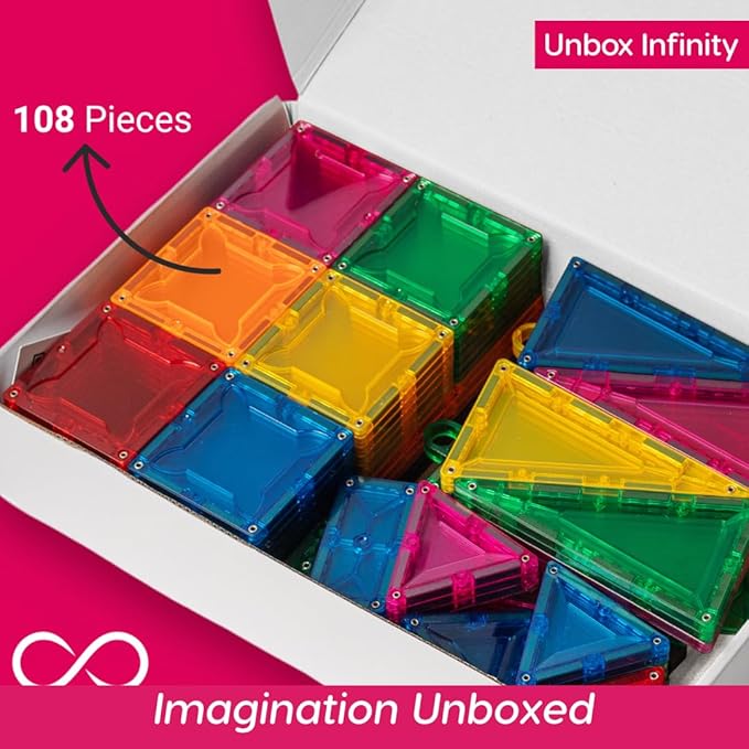 Magnetic Building Tiles, 108 Piece Foundation Set for Boys Girls Kids, Educational Creative Learning Activity Building Block Toddler Toys, STEM, Children Ages 3 Years +