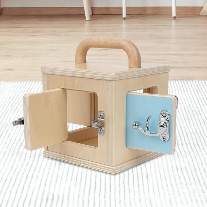 Beech Wooden Lock Box with 4 Different Doors & Various Lock Mechanisms Helps Develop Probelm Solving Skills,Montessori Wooden Educational Toy,Learning Fine Motor Skills Activity Board for 1+ Years