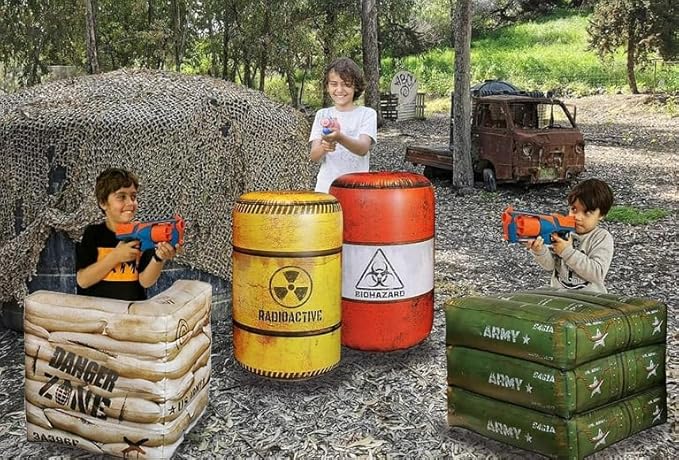 Package 4 Combat Battlefield Inflatables, Compatible with Nerf, Laser tag, Water Gun for Boys Birthday Party Activities and Decoration. Premiume Pack Include Water chember and Repair kit.