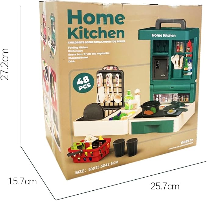 Pretend Play Kitchen Toy Set Folding Role Play Toy with 45pcs Realistic Food Fruits Vegetables Pans Cooking Utensils Basket Sink etc Portable Educational Indoor Outdoor Toys for Kids Ages 3