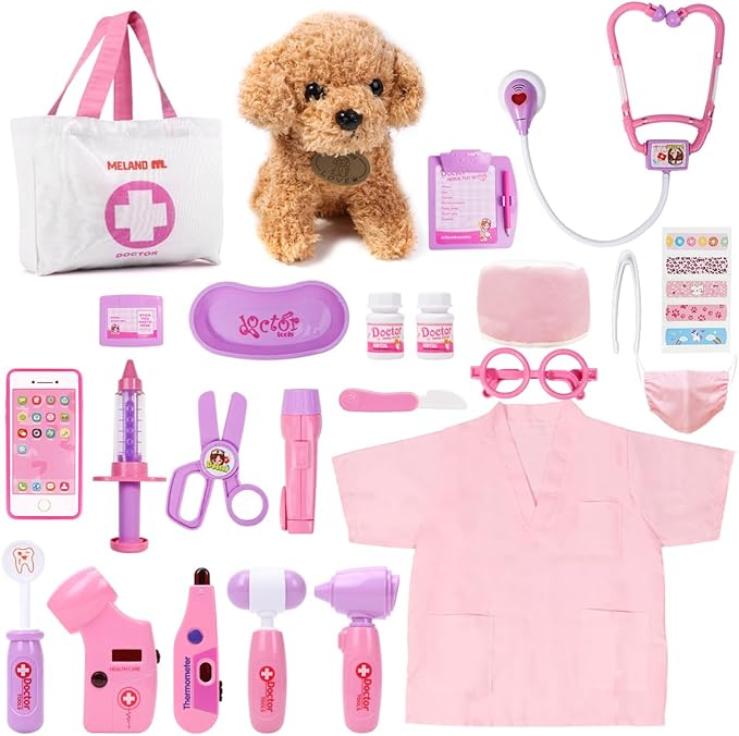 Meland Toy Doctor Kit for Girls, Pretend Play Toy Doctor Set with Dog , Carrying Bag, Stethoscope & Dress Up Costume Gift for Kids Toddlers Ages 3 4 5 6 Year Old for Role Play