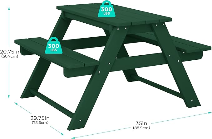 Costaelm Kids Picnic Table, HDPE All Weather Outdoor Toddler Picnic Table and Chair Set Kids Bench for Patio, Backyard, Garden, Lawn, Dark Green