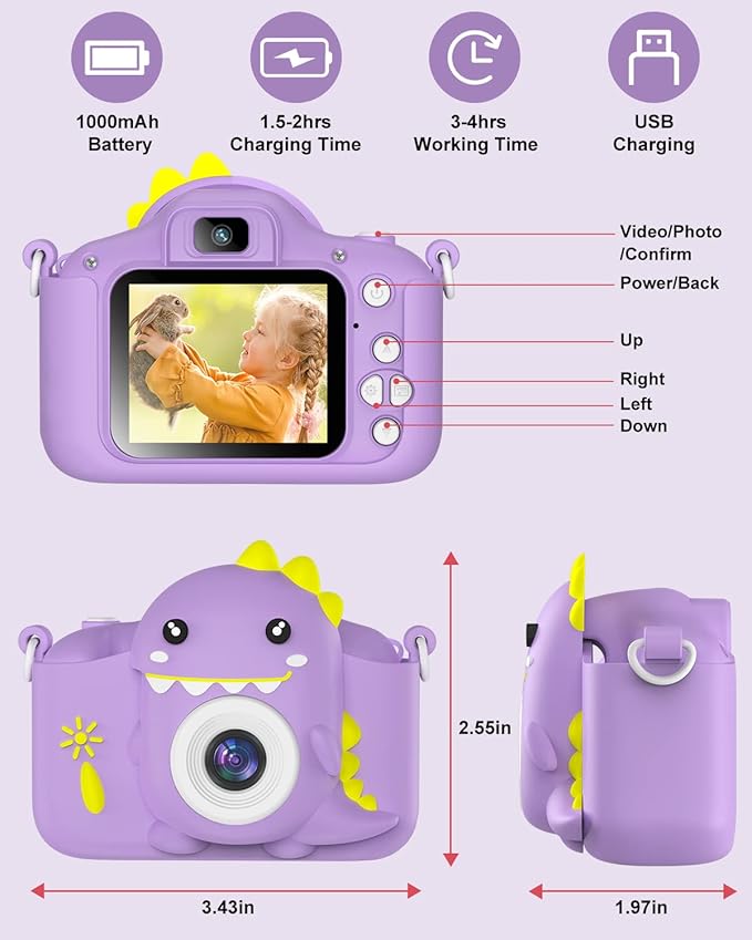 Hangrui Dinosaur Kids Camera Toys, Birthday Graduation Gifts for Girls Boys 3-12, 1080P HD Selfie Digital Video Camera for Toddlers,Travel Gifts Dino Toys for 4 5 6 7 8 9 Years Old(Purple)