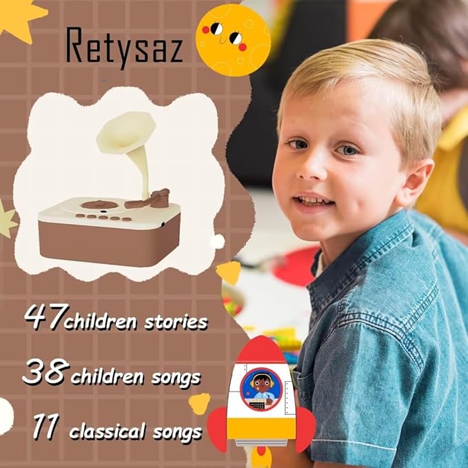 Retysaz Kids Phonograph with 96 Cards, Story Music Player for Kids 3-12 Musical Sensory Toy for boy Girl,Toddler Pre-Kindergarten Toy Early Childhood Education Birthday(Brown)