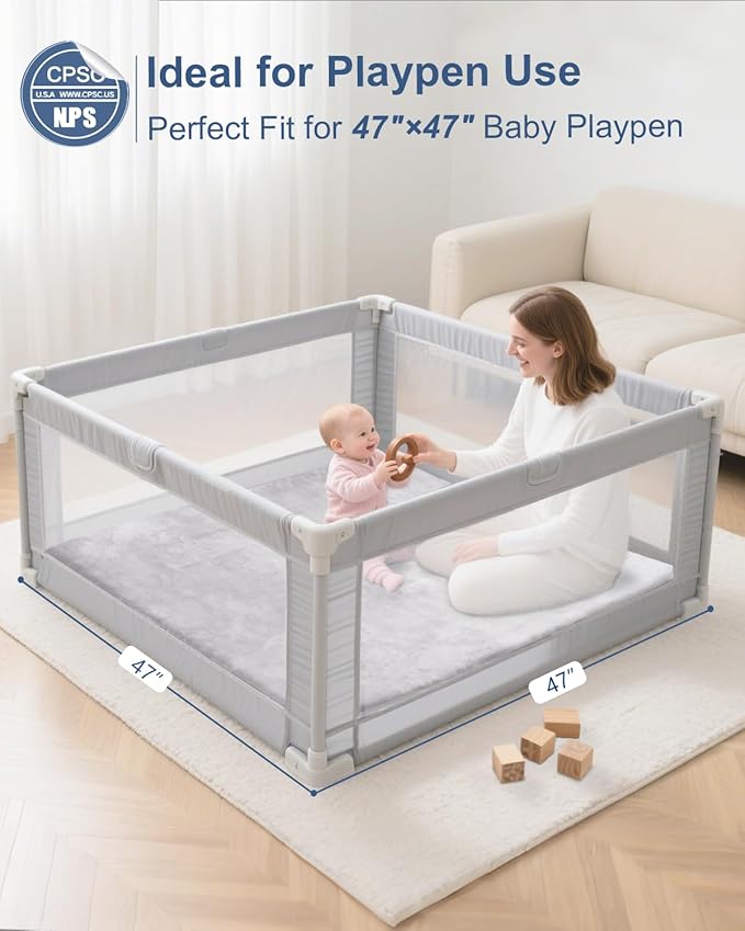 Thick Baby Play Mat for Floor,Padded Foam 47x47 Playpen Mat,Ultra Soft Support&Plush Feel Nursery Rug,Non Slip for Toddler, Infants,Kids Play,Yoga,Baby Crawling,Tummy Time(Light Grey)