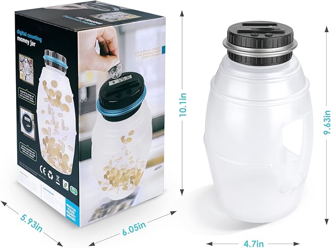 Large Digital Coin Bank for Kids and Adults - LCD Counter, 2.8L Capacity for US Coins (Silver)