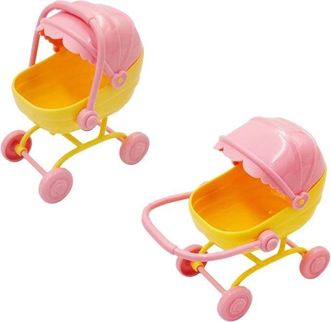 Mini Dollhouse Furniture Set, Baby Stroller and High Chair, Pink and Yellow Miniature Accessories, Kids Pretend Play Toys