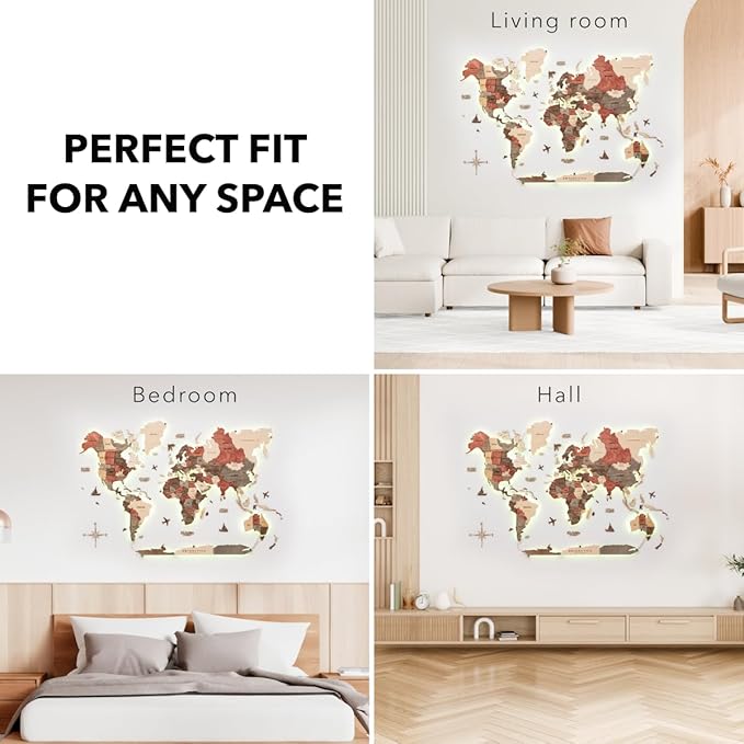 Enjoy The Wood 3D Wood World Map LED 3.0 Wall Art Modern Home Decor Gifts LED Lighting Wall Decor Housewarming Gift (Fusion)