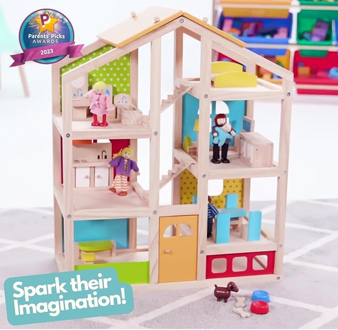 PIDOKO KIDS Skylar Wooden Dollhouse - Includes 20 Pcs Furniture Accessories, 5 Family Dolls and a Pet Dog - Wood Doll House for 3 4-5 Year Old Girls & Boys