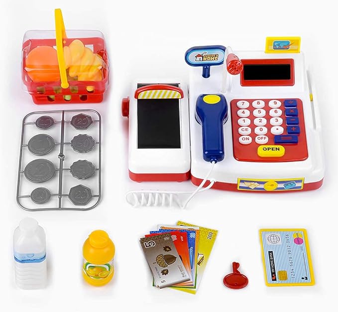 ZOVI Cash Register Playset Toy for Kids with Scanner, Real Calculator, Microphone, Play Food, Supermarket Cashier, Sounds & Early Learning Play
