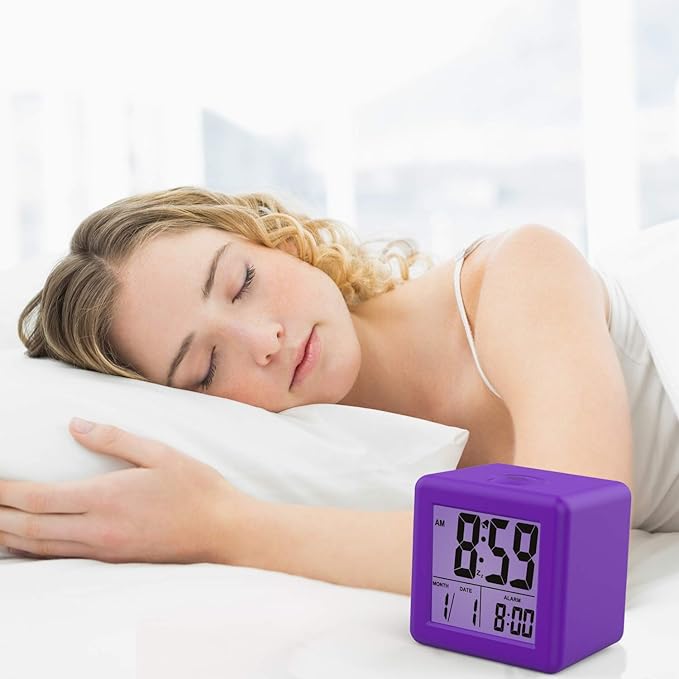 Plumeet Digital Alarm Clock for Kids with Snooze and Nightlight - Easy Setting Silicone Display Time, Date - Loud for Bedroom - Battery Powered (Purple)