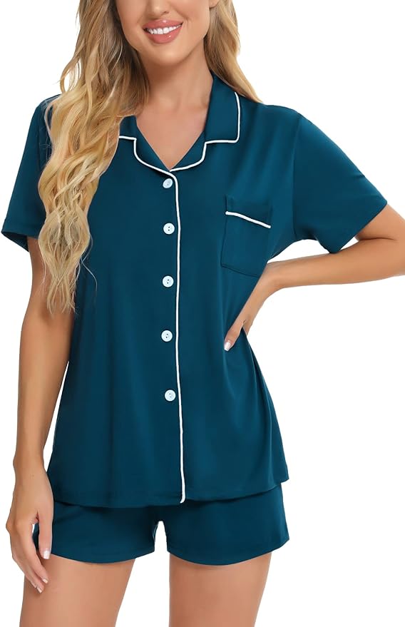 SWOMOG Womens Button Down Pajamas Set Short Sleeve Sleepwear Bride Soft Pj Lounge Sets XS-3XL
