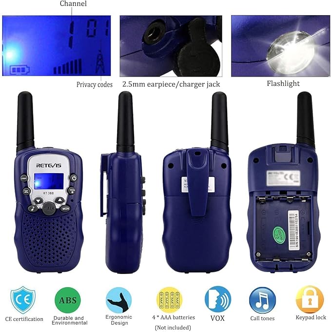 Retevis RT388 Kids Walkie Talkies, Toys for 6-12 Year Old Boys Girls, Walkie Talkies for Kids 22CH 2 Way Radio, VOX Flashlight LCD Backlit, Toys Gifts for Outdoor Stocking Stuffers(Dark Blue,1 Pair)