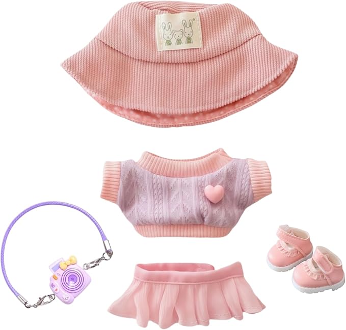 17cm Doll Clothes Set (No Doll), 5 Pieces Skirt Outfit Set for 6.7inch Dolls Dress Suit, Fashion Kawaii Dress Up Hat Overskirt Shoes Accessories for 1st/2nd/3rd Gen Dolls Play & Display Pink