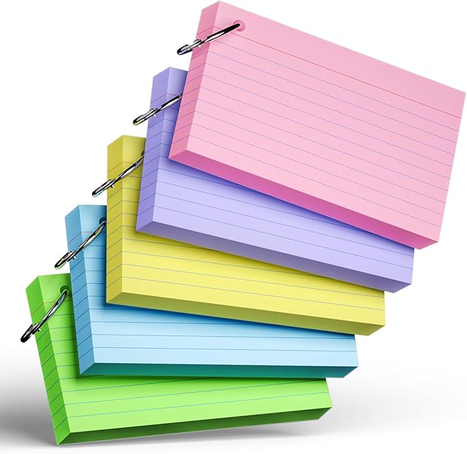 250 Count Colored Index Cards with Ring 3 x 5 Inch Heavyweight Ruled Index Cards, Flash Cards for School & Office Supplies and Home Organization, Durable Study To Do List Note Cards with Ruled Lines