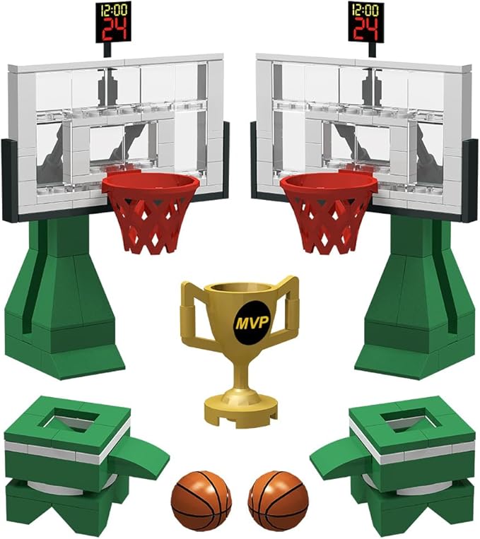 Building Blocks - Basketball Court Baseplates and Sets of 2 Basketball Hoop Basketball Goal Building Bricks for Basketball Game - Compatible with Major Brands (Basketball Playset/Green)