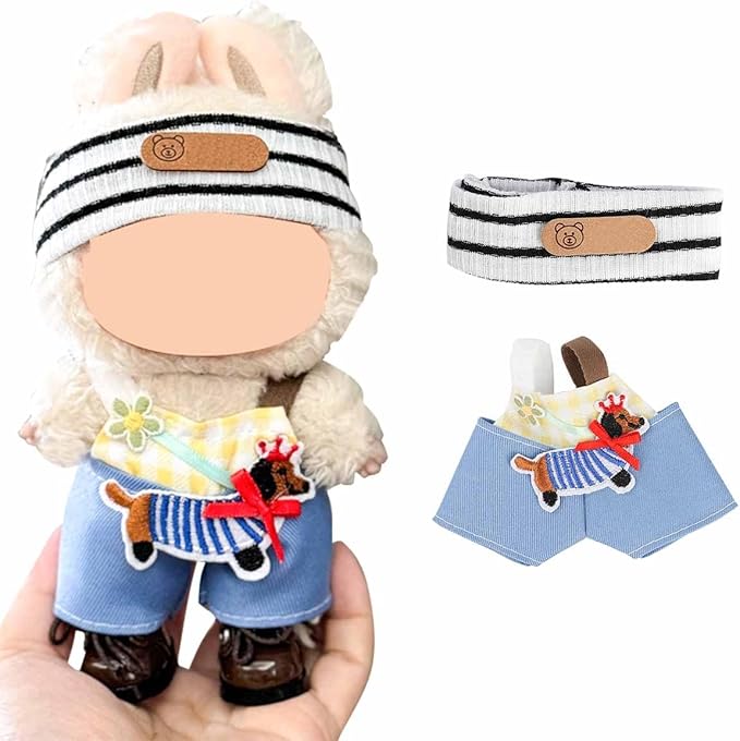 Doll Clothes for Labubu(NO Doll), for 17/15cm Plush Dolls, Clothing Suit Toy Figurine Outfit Set Dress Up with Kawaii Style Accessories, Multicolour Overall and Cute Hat or Headwear (LB103)