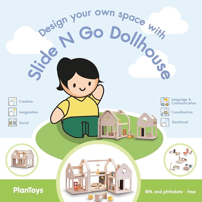 PlanToys Slide and Go Dollhouse - Chemical-Free Wooden Toy Featuring 3 Units with 20 Furniture Pieces
