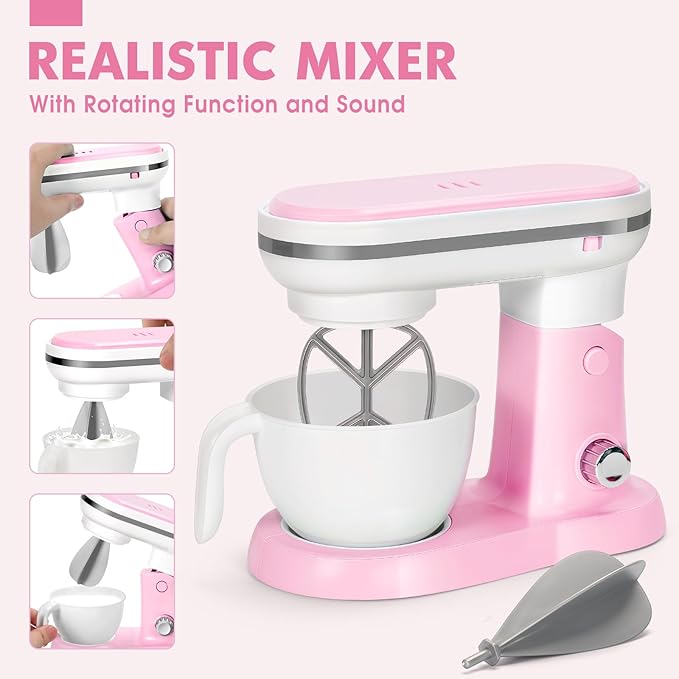 Pink Play Kitchen Appliances Toy Set with Coffee Maker Machine, Mixer, Toaster, Blender, Kids Kitchen Playset, Play Kitchen Accessories with Sound & Light, Birthday Gifts for Kid Girls Ages 3-5 4-8