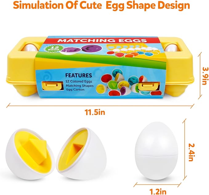 Montessori Geometric Eggs,12 pcs Set Color & Shape Egg Puzzle Toys Matching Eggs for Toddlers 1-3,Preschool Educational Sorting Game Fine Motor Toy Gifts for Kids Boys Girls