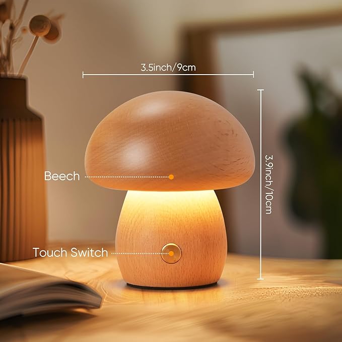 Wooden Mushroom Lamp, Portable Cordless Rechargeable Battery Operated Lamp,Stepless Dimming, Night Light for Birthday Gifts